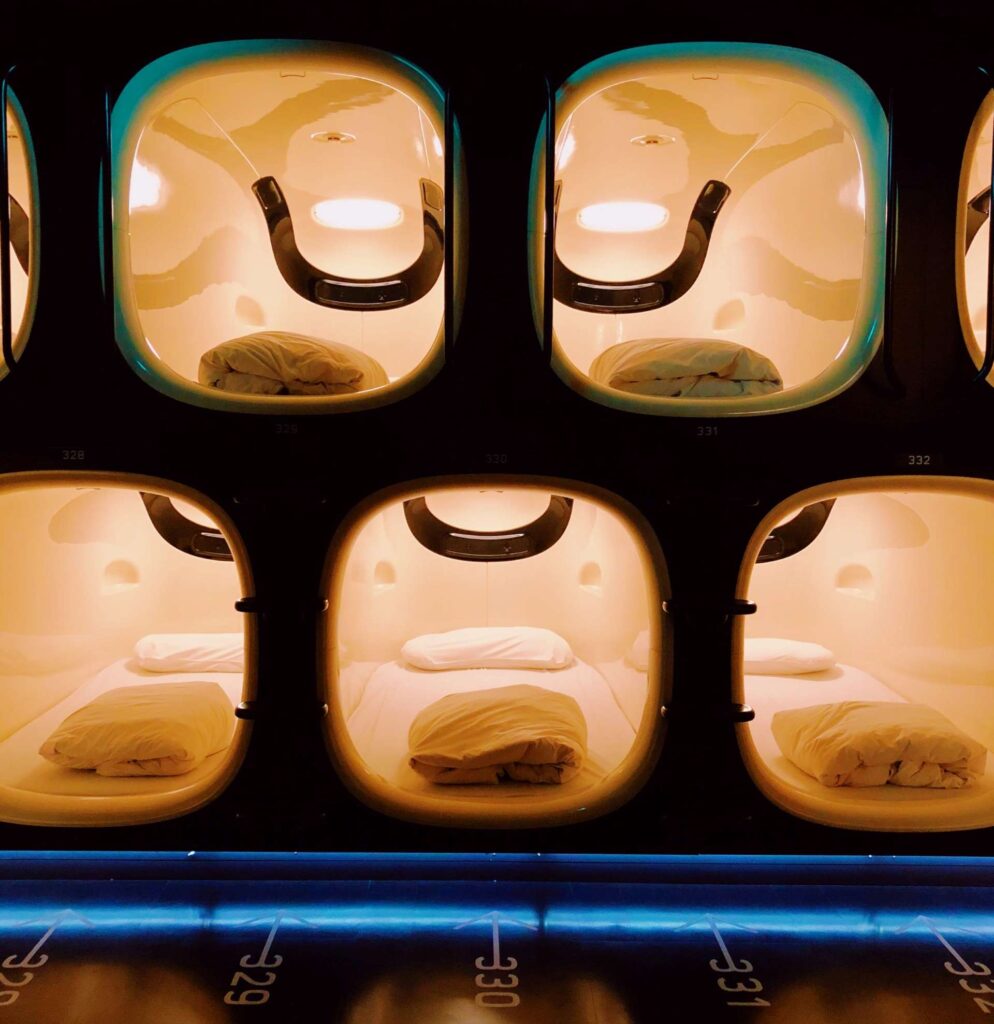 Brightly lit sleeping pods