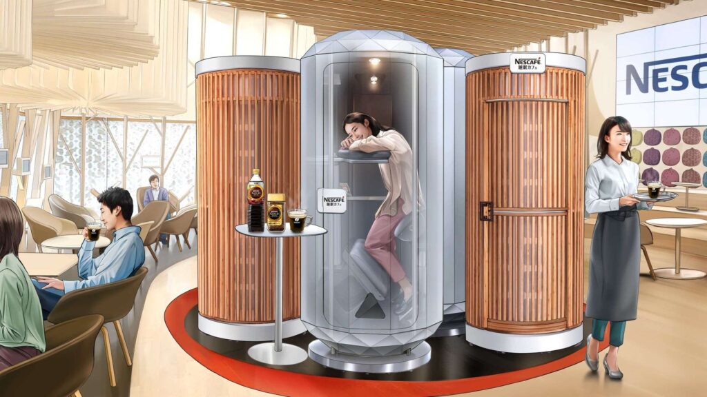 Nestlé Japan's standing sleep pods concept art